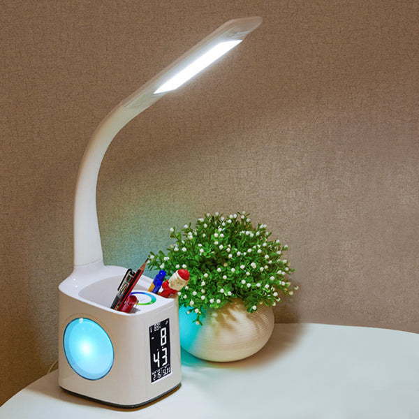 LED Desk Lamp with USB Charging Port&Alarm Clock&Thermometer&Calendar 3-Level Dimmer Night Table Lamp with Pen Holder for Study