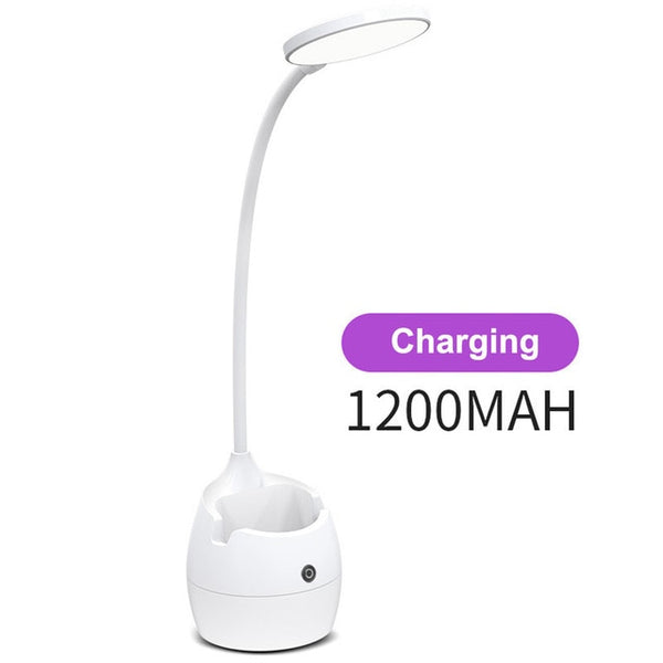 LED Desk Lamp with USB Charging Port&Alarm Clock&Thermometer&Calendar 3-Level Dimmer Night Table Lamp with Pen Holder for Study