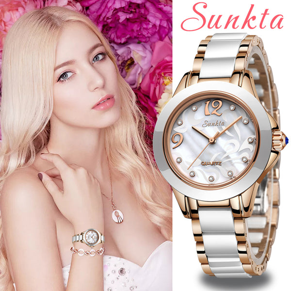 Sunkta moda feminina relógios senhoras pulseira relógio casual cerâmica quartzo relógios de pulso relógio à prova dwaterproof água relogio feminino